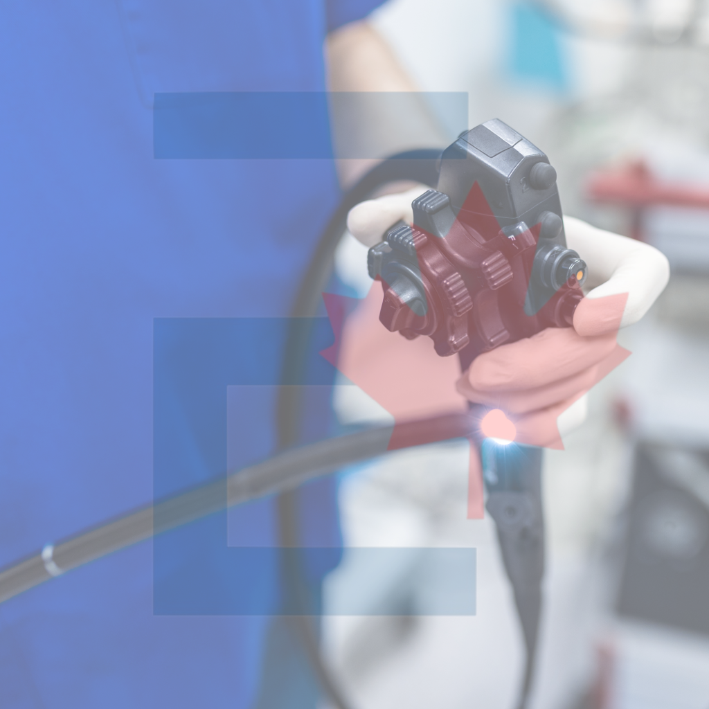 Flexible Endoscope held by a doctor practitioner with the Endoch logo faded over the image.
